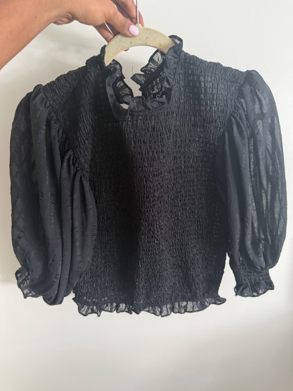 DO+BE Black Smocked Ruffle Neck Puff Sleeve Blouse